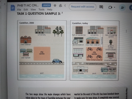 Image for topic: The maps below show changes in the Spanish city of Castellón in recent times. Summarize the information by selecting and reporting the main features, and make comparisons where relevant.