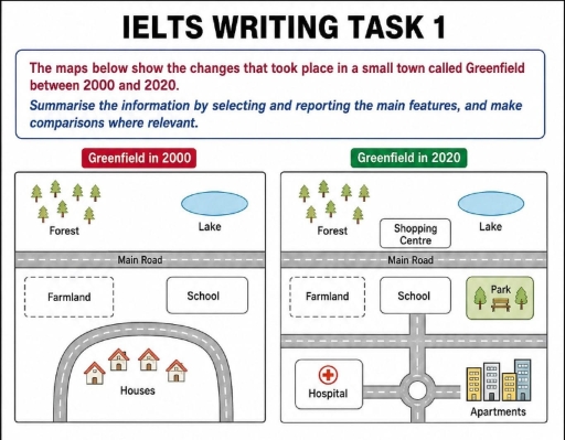 Image for topic: The maps below show the changes that took place in a small town called Greenfield between 2000 and 2020. Summarise the information by selecting and reporting the main features, and make comparisons where relevant.