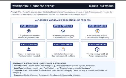 Image for topic: The infographic diagram below illustrates the commercial manufacturing process of baked mooncakes. Summarize the information by selecting and reporting the main features, and make comparisons where relevant.