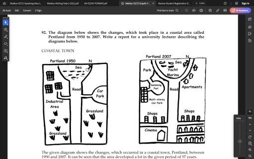 Image for topic: The diagram below shows the changes, which took place in a coastal area called Pentland from 1950 to 2007. Write a report for a university lecturer describing the diagrams below.
