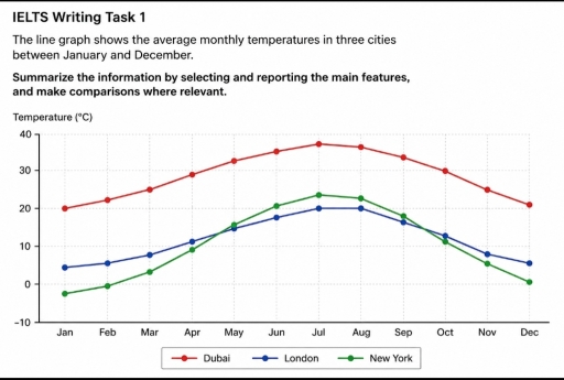 Image for topic: The line graph shows the average monthly temperature in 3 cities between January and December summarise information by selecting and reporting the main features and make comparison where relevant