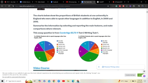 Image for topic: You should spend about 20 minutes on this task. Write about the following topic: The charts below show the proportions of British students at one university in England who were able to speak other languages in addition to English, in 2000 and 2010. Summarise the information by selecting and reporting the main features, and make comparisons where relevant. Include any relevant examples from your own knowledge or experience. Write at least 150 words