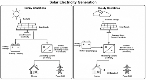 Image for topic: The diagrams below show how solar electricity is generated under different weather conditions. Summarise the information by selecting and reporting the main features, and make comparisons where relevant.