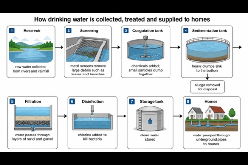 Image for topic: The diagram below shows how drinking water is collected, treated and supplied to homes in a typical urban area. Summarise the information by selecting and reporting the main features, and make comparisons where relevant.