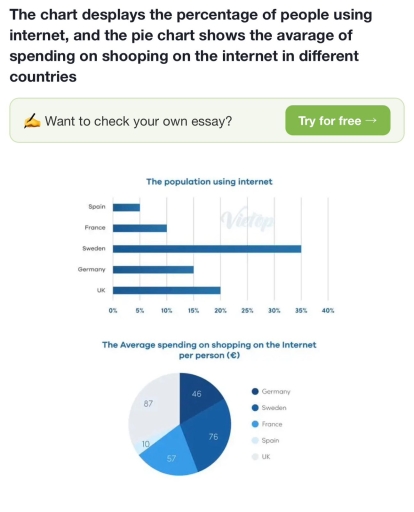 Image for topic: The chart displays the percentage of people using internet, and the pie chart shows the average of spending on shopping on the internet in different countries.