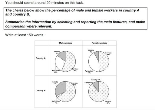 Image for topic: The chart below show the percentage of male and females workers in country A and country B