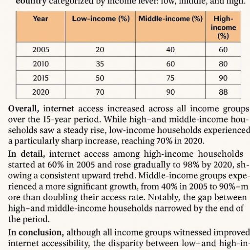 Image for topic: The table below shows the percentage of households with internet access in a European country, categorized by income level, between 2005 and 2020.