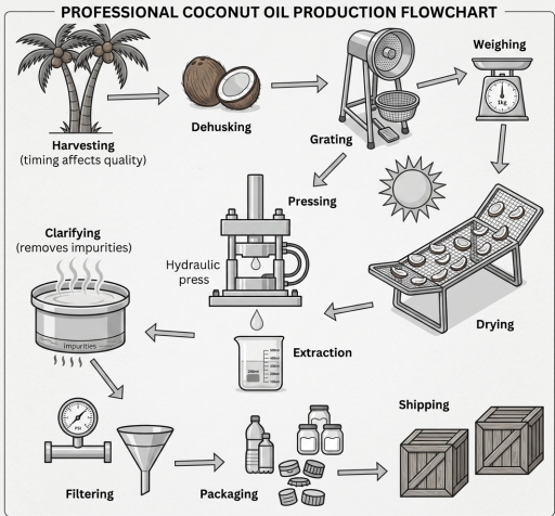 Image for topic: 2. The process diagram shows the mass manufacturing of coconut oil.