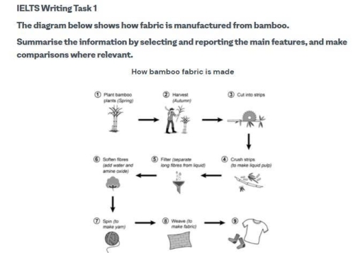 Image for topic: the diagram below shows how fabric is manufactured from bamboo. Summarise the information by selecting and reporting the main features, and make comparisions where relevant.