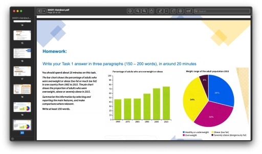 Image for topic: The bar chart shows the percentage of adults who were overweight or obese in one country from 1965 to 2015. The pie chart shows the proportion of adults who were overweight, obese or severly obese in 2015.