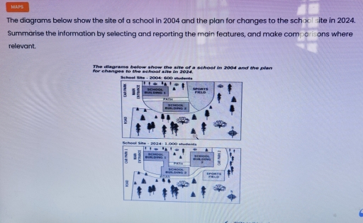 Image for topic: The diagram show the site of a school in 2004 and tge plan for chanfes to tge school site in 2024.