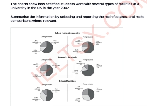Image for topic: The pie charts below illustrate the percentages of students' satisfaction level with different types of university amenities in the UK in 2007.