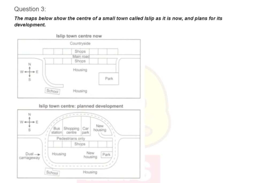 Image for topic: the maps below show the centre of a small town called islop as it is now, and plans for its development.