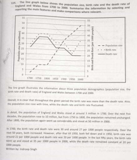 Image for topic: The line graph below shows the population size, birth rate and the death rate of England and Wales from 1700 to 2000. Summarise the information by selecting and reporting the main features and make comparisons where relevant.