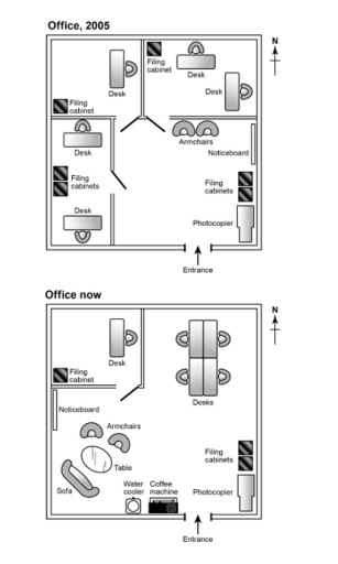 Image for topic: The plans show an office in a university in 2005 and the same office now.