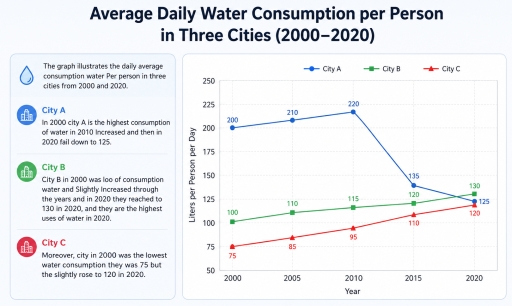 Image for topic: The line graph below shows the average daily water consumption per person in three cities between 2000 and 2020.
