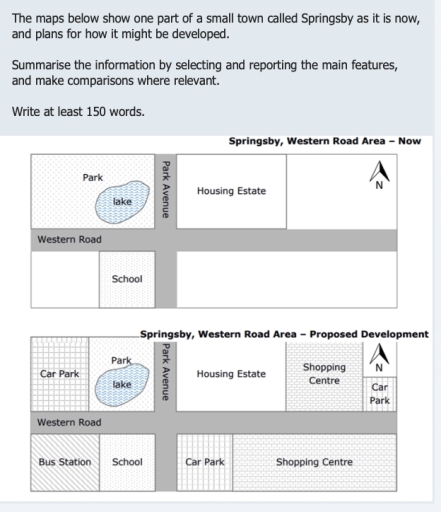 Image for topic: the maps below show one part of a small town called springsby as it is now, and plans for how it might be developed