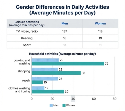 Image for topic: The table provides information about the gender differences in daily activities, the bar chart illustrates the household activities at average minutes per day.