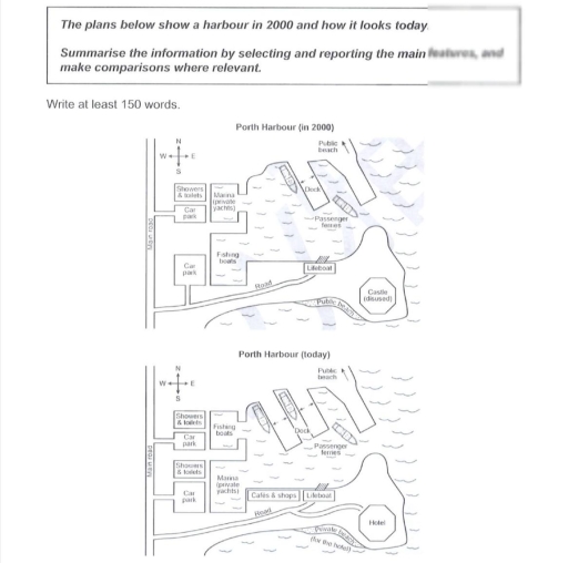 Image for topic: The plans below show a harbor in 200 and how it looks today. Summarise the information by selecting and reporting te main features and make comparisons where relevant.