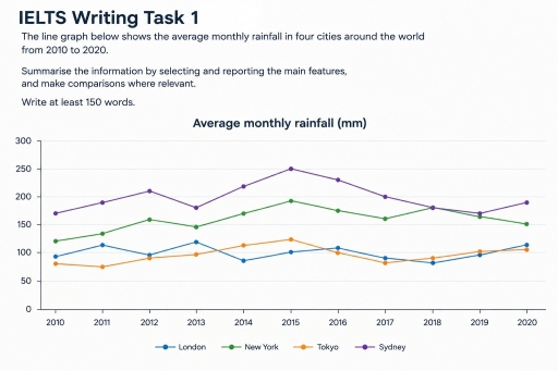 Image for topic: The line graph below shows the average monthly rainfall in four cities around the world from 2010 to 2020. Summarise the information by selecting and reporting the main features, and make comparisons where relevant.