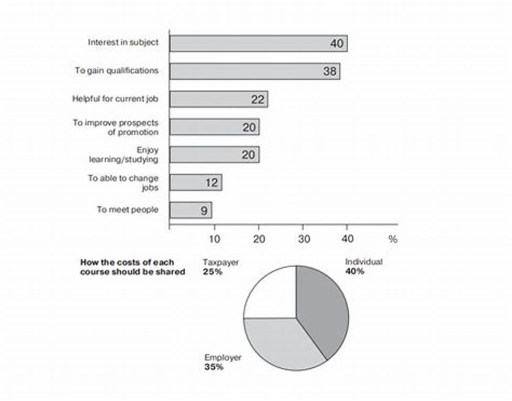 Image for topic: The charts below show the results of a survey of adult education. The first chart shows the reasons why adults decide to study. The pie chart shows how people think the costs of adult education should be shared. Write a report for a university lecturer, describing the information shown below.