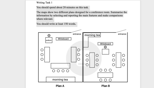Image for topic: You should spend about 20 minutes on this task. The maps show two different plans designed for a conference room. Summarise the information by selecting and reporting the main features and make comparisons where relevant. You should write at least 150 words.