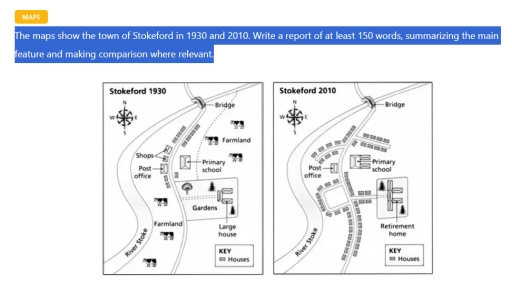 Image for topic: The maps show the town of Stokeford in 1930 and 2010. Write a report of at least 150 words, summarizing the main feature and making comparison where relevant.