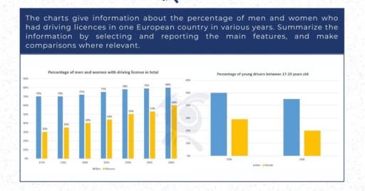 Image for topic: The charts give information about the percentage of men and women who had driving licences in one European country in various years. Summarize the information by selecting and reporting the main features, and make comparisons where relevant.