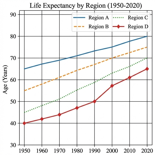 Image for topic: The graph below shows life expectancy in different regions of the world from 1950 to 2020. Summarise the information by selecting and reporting the main features, and make comparisons where relevant.