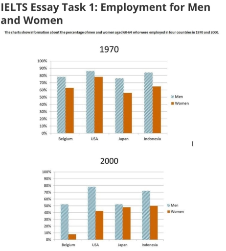 Image for topic: The charts show information about the percentage of men and women aged 60-64 who were employed in four countries in 1970 and 2000.