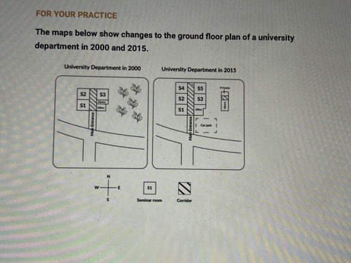 Image for topic: The maps below show the changes between ground floor plan of a university department in 2000 and 2015