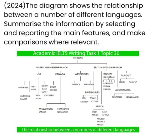 Image for topic: The digram show the relation between a number of different languages Summarise the information by selecting and reporting the main features, and make comparisons where relevant.