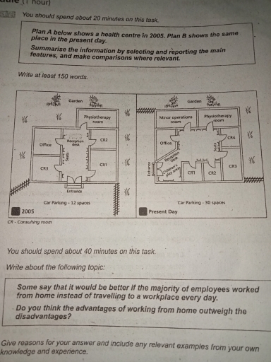 Image for topic: Plan A below shows a health centre in 2005. Plan B shows the same place in the present day. Summarise the information by selecting and reporting the main features, and make comparison where relevent.