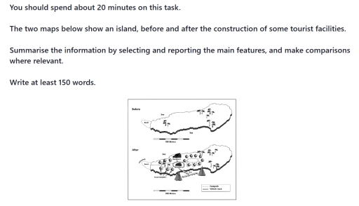 Image for topic: You should spend about 20 minutes on this task. The two maps below show an island, before and after the construction of some tourist facilities. Summarise the information by selecting and reporting the main features, and make comparisons where relevant. Write at least 150 words.