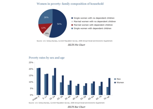 Image for topic: You should spend about 20 minutes on this task. The pie chart shows the percentage of women in poverty and the bar chart shows poverty rates by sex and age. They are from the United States in 2008. Summarise the information by selecting and reporting the main features and make comparisons where relevant. Write at least 150 words.