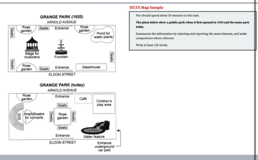 Image for topic: The plans below show a public park (Grange Park) when it first opened in 1920 and the same park today. Summarise the information by selecting and reporting the main features, and make comparisons where relevant.