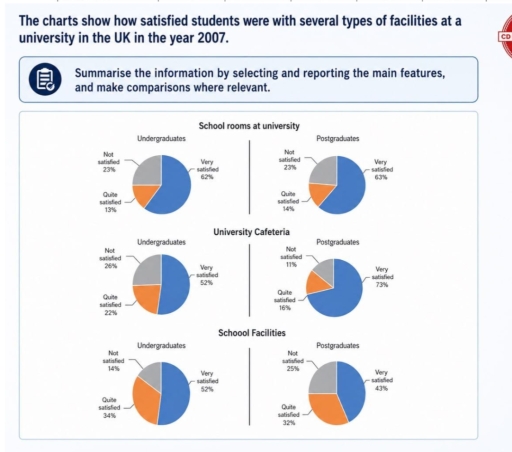 Image for topic: The charts show how satisfied students were with several types of facilities at a unversity in the UK in the year 2007.