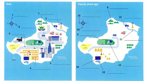 Image for topic: The maps below show the changes that took place on an island over a period of 20 years. Summarise the information by selecting and reporting the main features, and make comparisons where relevant.