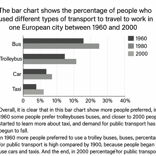 Image for topic: 📉 The chart below shows the percentage of people who used different types of transport to travel to work in one European city in 1960, 1980, and 2000.