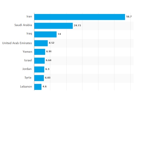 Image for topic: The chart below shows the internet users (in millions) in different countries in the Middle East as of June 2017. Summaries the information by selecting and reporting the main features, and make comparisons where relevant. You should write at least 150 words. Internet users in million - June 2017