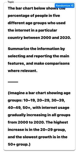 Image for topic: The bar chart below shows the percentage of people in five different age groups who used the internet in a particular country between 2000 and 2020. Summarize the information by selecting and reporting the main features, and make comparisons where relevant. ⸻ (Imagine a bar chart showing age groups: 10-19, 20-29, 30-39, 40-49, 50+, with internet usage gradually increasing in all groups from 2000 to 2020. The highest increase is in the 20-29 group, and the slowest growth is in the 50+ group.)