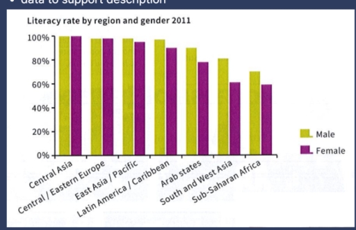 Image for topic: You should spend about 20 minutes on this task. The bar chart shows the literacy rate (% of people who can read and write) by region and gender in 2011. Summarise the information by selecting and reporting the main features, and make comparisons where relevant. Write at least 150 words.You should spend about 20 minutes on this task. The bar chart shows the literacy rate (% of people who can read and write) by region and gender in 2011. Summarise the information by selecting and reporting the main features, and make comparisons where relevant. Write at least 150 words.