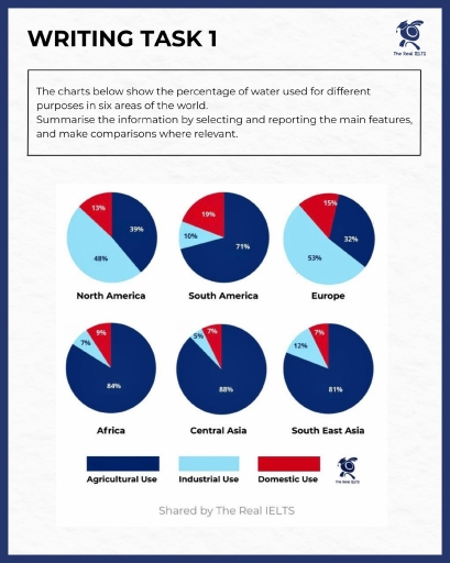 Image for topic: The pie charts demonstrate the proportion of water usage for a variety of purposes in several different areas in the world.