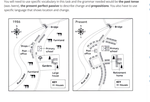 Image for topic: 'The two maps below show the changes in the town of Denham,from 1986 to the present day. Summarize the information by selecting and reporting the main features and make comparisons where relevant.'