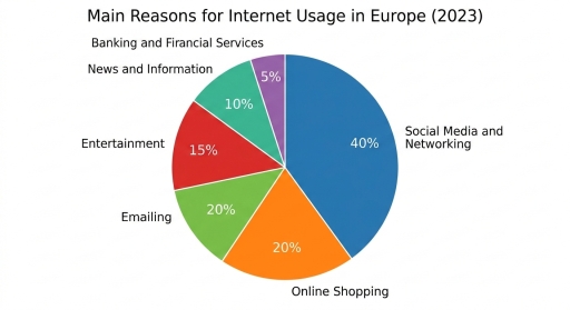 Image for topic: The pie chart below shows the main reasons why people in a European country used the internet in 2023.