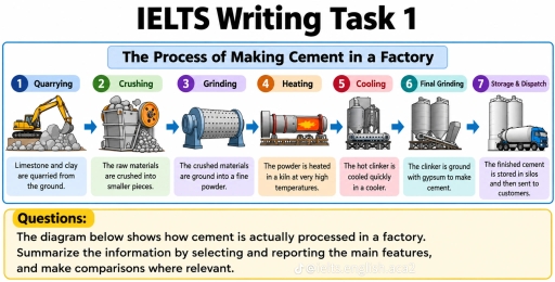 Image for topic: The diagram below shows the process of cement production in a factory. Summarise the information by selecting and reporting the main features, and make comparisons where relevant.