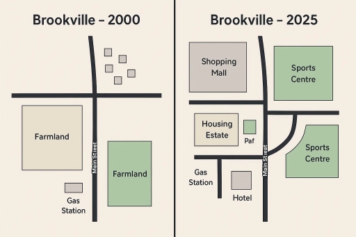 Image for topic: The maps below show the development of Brookville town between the years 2000 and 2025. Summarize the information by selecting and reporting the main features, and make comparisons where relevant.