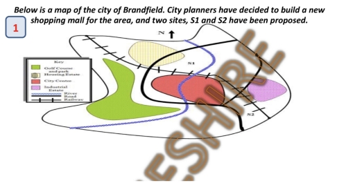 Image for topic: The map illustrates two proposed locations for a new supermarket in the town of Garlsdon.