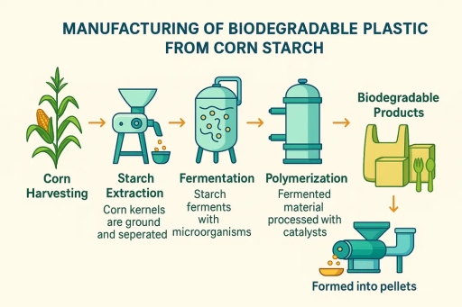 Image for topic: The diagram below shows the process of manufacturing biodegradable plastic from corn starch. Summarise the information by selecting and reporting the main features, and make comparisons where relevant.