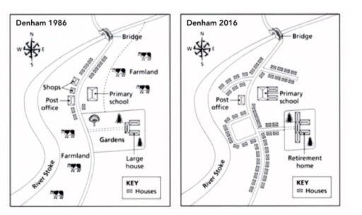 Two maps below show the changes in town of Denham between the years ...